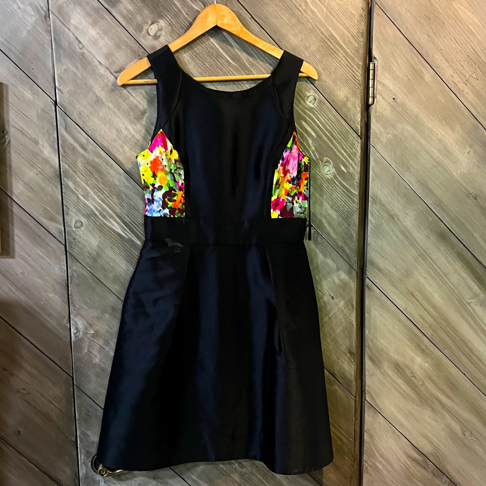 Theia Tafetta Party Black Dress with neon floral accent